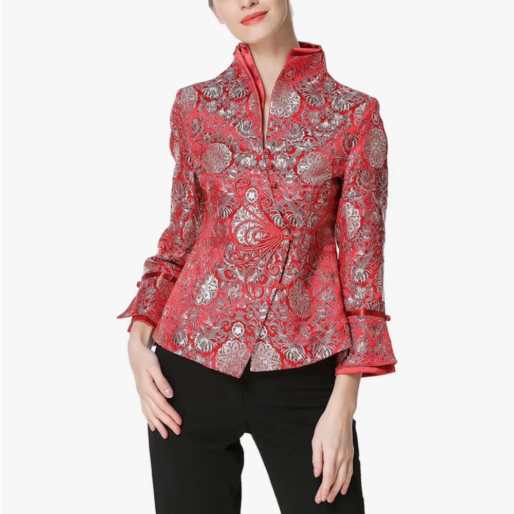 Chinese Red Brocade Floral Button-Up Jacket